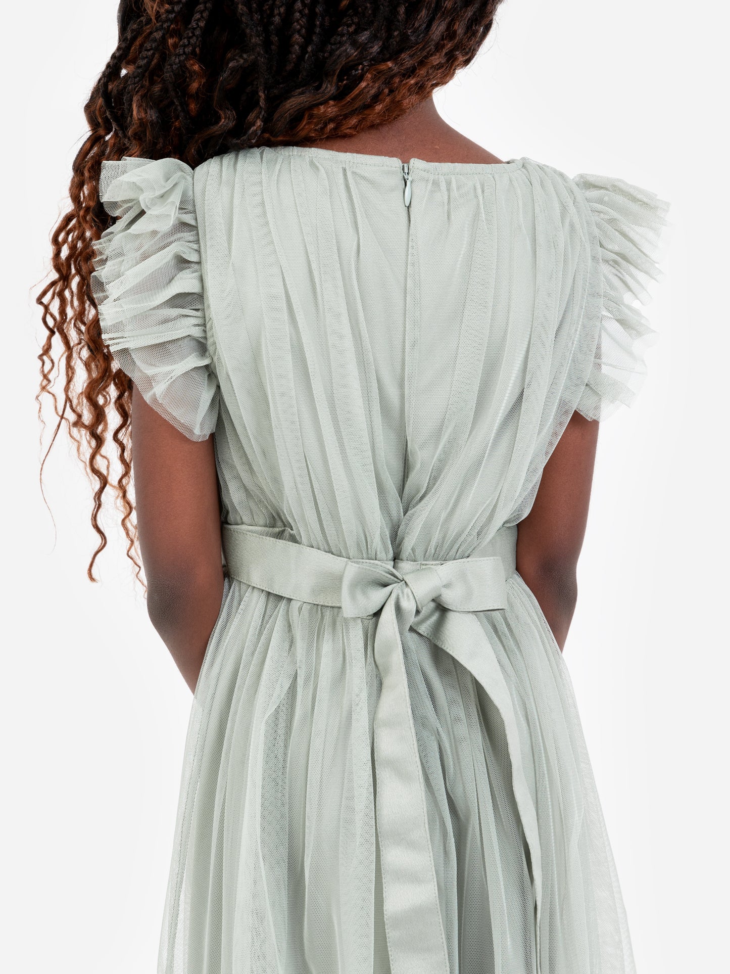 Mini Anaya Recycled Frosty Green Flutter Sleeve Midi Dress with Bow Detail