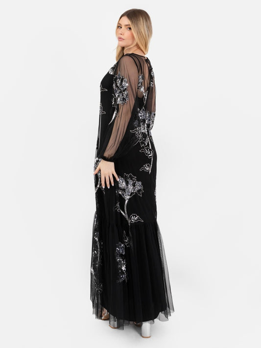 Maya Black Floral Embellished Tulle Overlay with Slip Maxi Dress