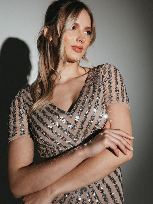 Maya Taupe Blush Short Sleeve Stripe Embellished Maxi Dress