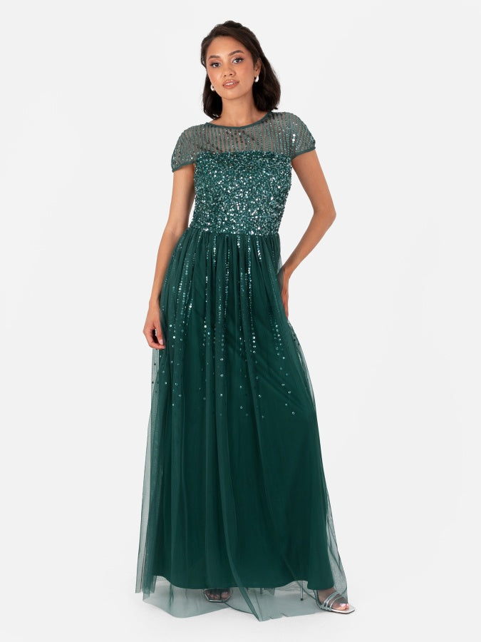 emerald green cap sleeve dress Emerald Green Sequin Off Shoulder Long Sleeve Customized Prom Dress main image 1