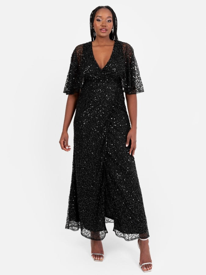 Maya Black Fully Embellished Faux Wrap Maxi Dress