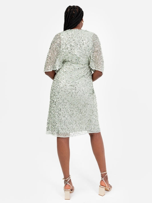 Maya Sage Green Fully Embellished Faux Wrap Midi Dress