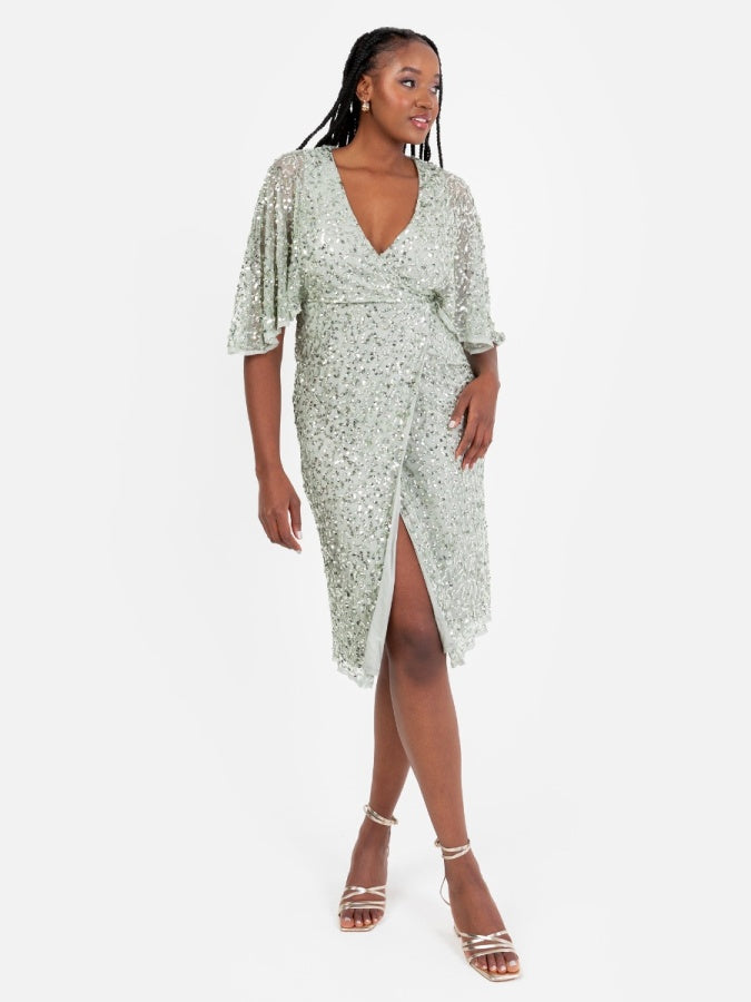 Maya Sage Green Fully Embellished Faux Wrap Midi Dress