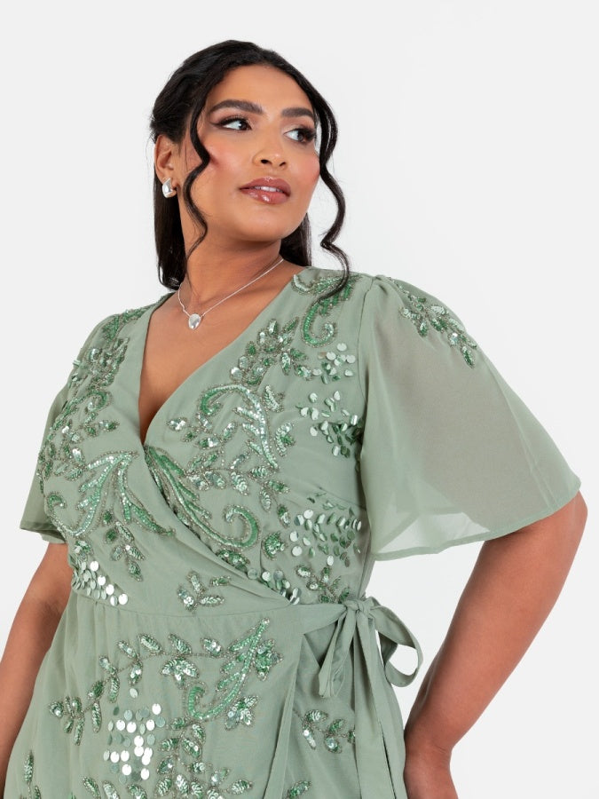 Maya Dark Sage Embellished Short Sleeve Chiffon Wrap Maxi Dress