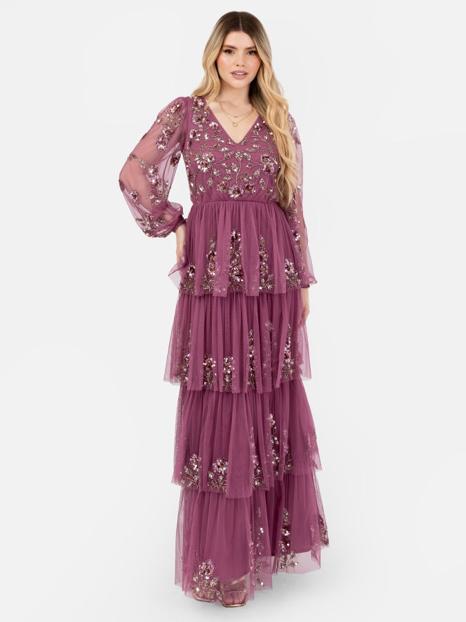 Maya Purple Embellished Long Sleeve Tiered Maxi Dress – Maya Deluxe
