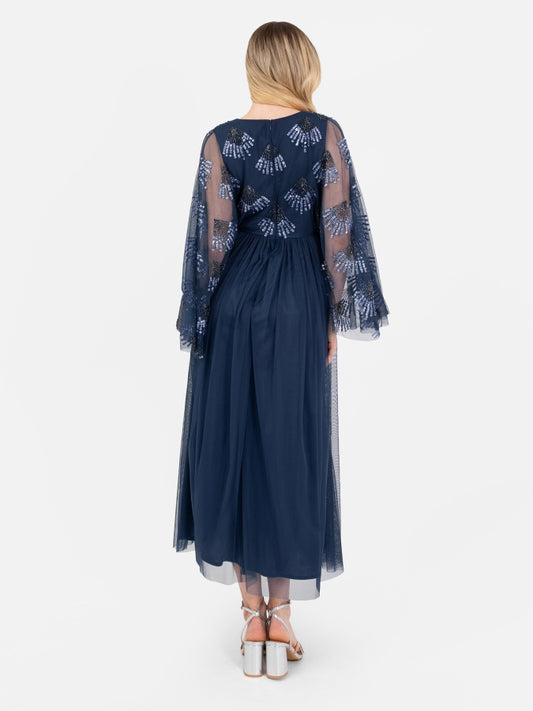 Maya French Navy Embellished Cape Sleeve V Neck Midi Dress