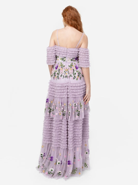 Maya Lilac Floral Embroidered Ruffle Maxi Dress