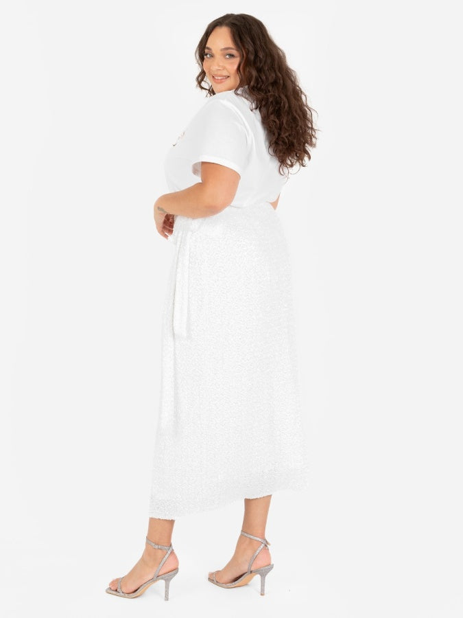 Maya White Fully Embellished Wrap Midi Skirt