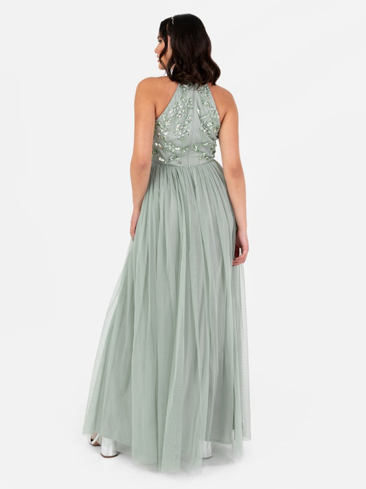 Maya Sage Green Floral Embellished Halter Neck Maxi Dress