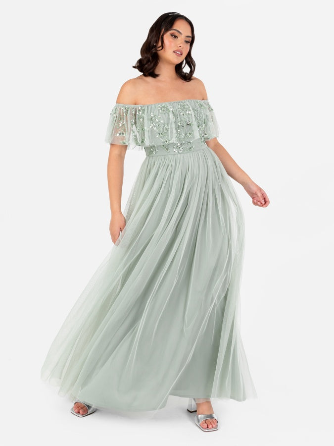 Maya Sage Green Floral Embellished Bardot Maxi Dress – Maya Deluxe