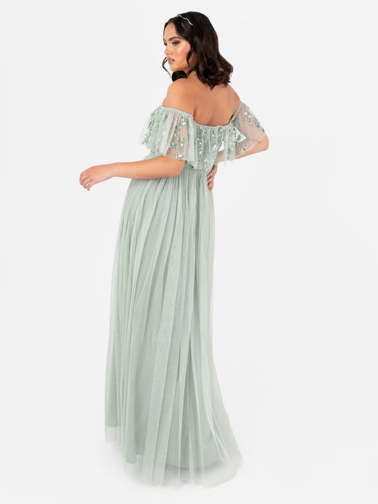 Maya Sage Green Floral Embellished Bardot Maxi Dress