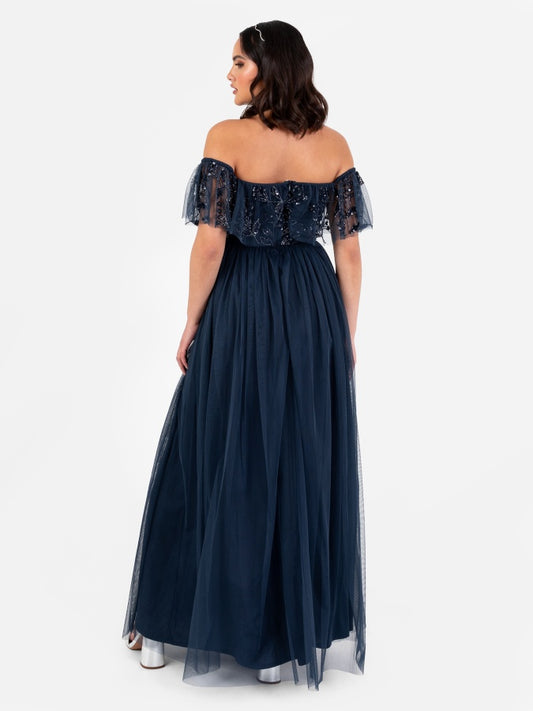 Maya Navy Floral Embellished Bardot Maxi Dress