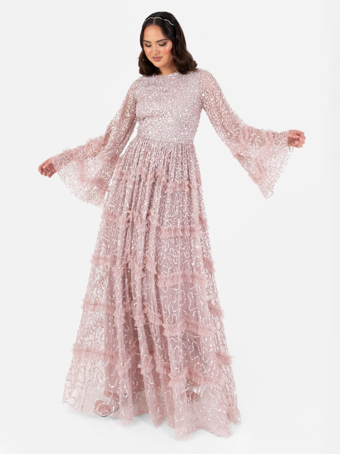 fitted lace wedding dress Long Sleeve Maxi Dress with Draped Overlay and Crystal Waist Trim main image 1