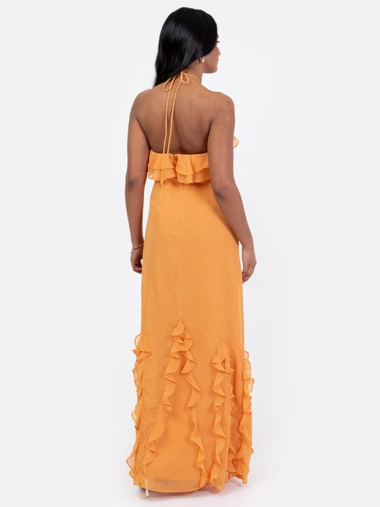 Maya Orange Embellished Halter Neck Ruffled Maxi Dress