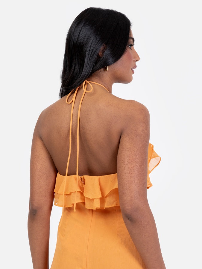 Maya Orange Embellished Halter Neck Ruffled Maxi Dress