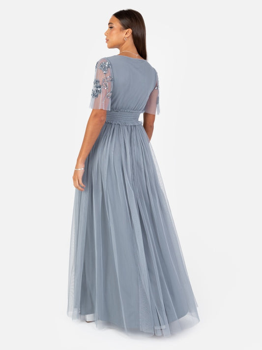 Maya Dusty Blue Floral Embellished Shirred Waist Short Sleeve Maxi Dress