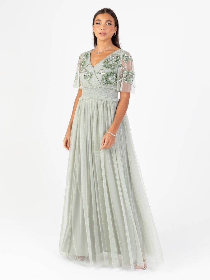 Maya Sage Green Floral Embellished Shirred Waist Short Sleeve Maxi Dress