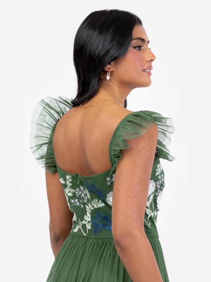 Maya Mid Green Floral Embroidered Tiered Midaxi Dress