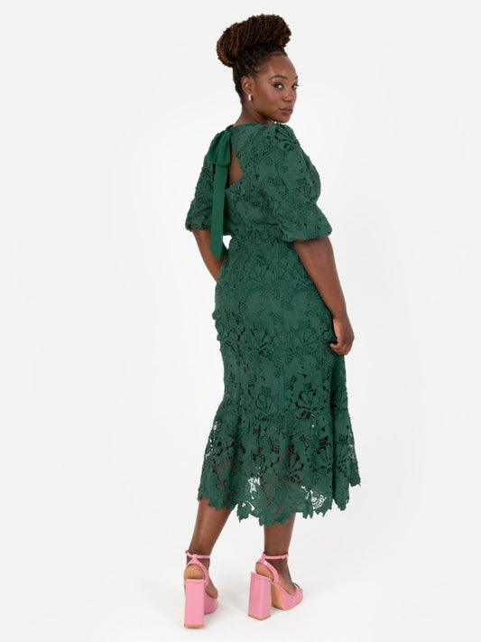 Maya Emerald Floral Lace Tie-Back Midaxi Dress