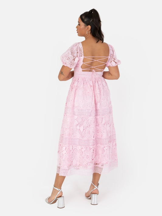 Maya Pink Premium Floral Lace Midi Dress with Lace Up Back