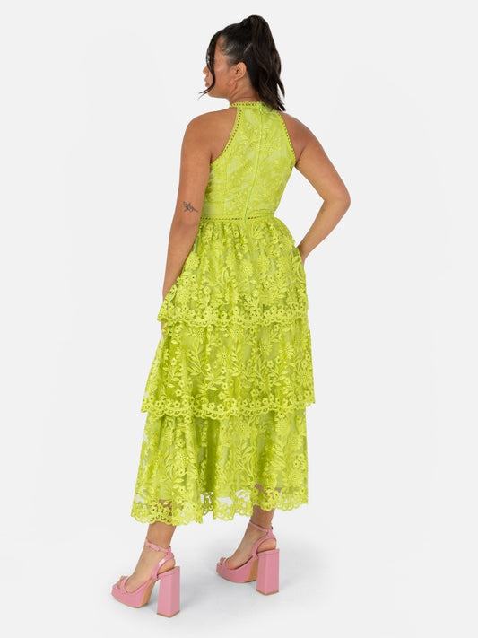 Maya Lime Green Halter Neck Tiered Lace Midi Dress