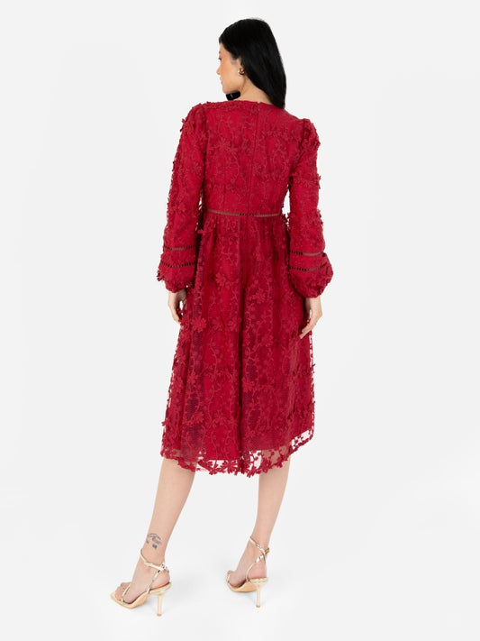 Maya Red 3D Floral Embroidered Long Sleeve Midi Dress