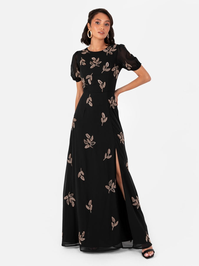 knee length dresses for ladies Maya Emerald Embellished Short Sleeve Maxi Dress with Open Back – Maya  Deluxe main image 0