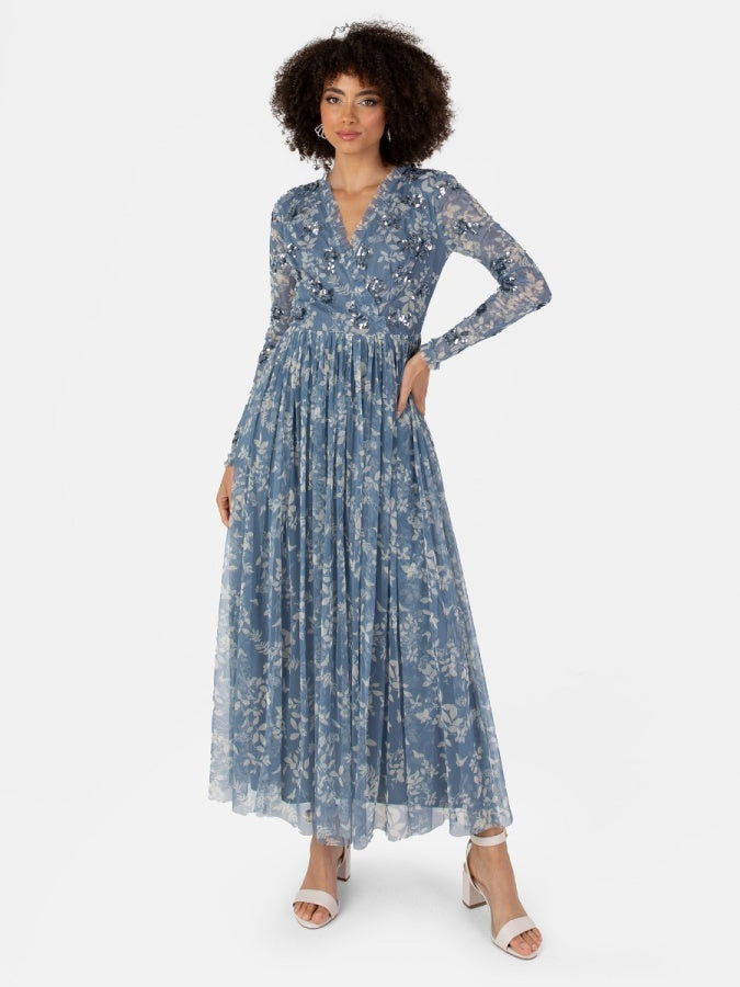 dusty blue strapless dress Anaya with Love Recycled Blue Floral Faux Wrap Embellished Midaxi Dres –  Maya Deluxe