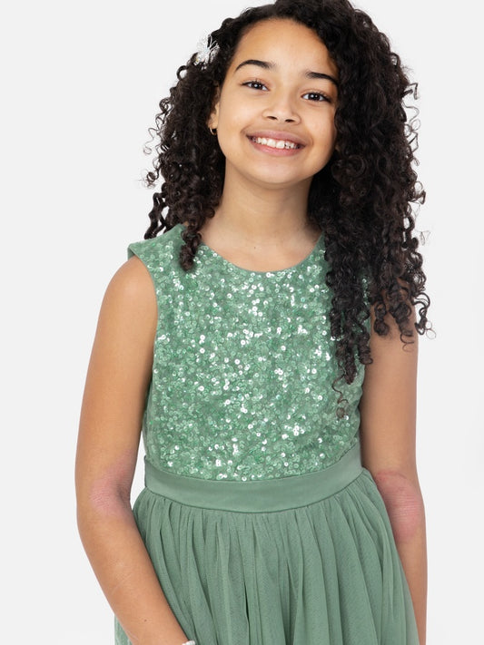 Mini Maya Dark Green Delicate Sequin Midi Dress With Bow