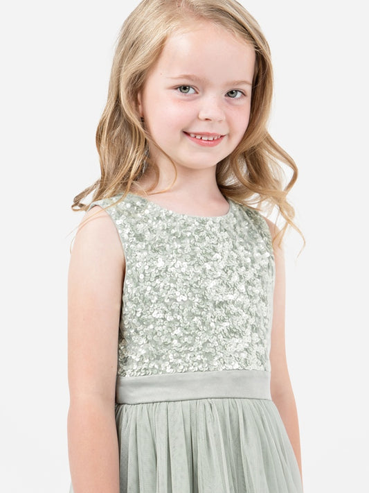 Mini Maya Sage Green Delicate Sequin Midi Dress with Bow