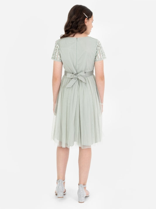 Mini Maya Sage Green Stripe Embellished Midi Dress With Bow