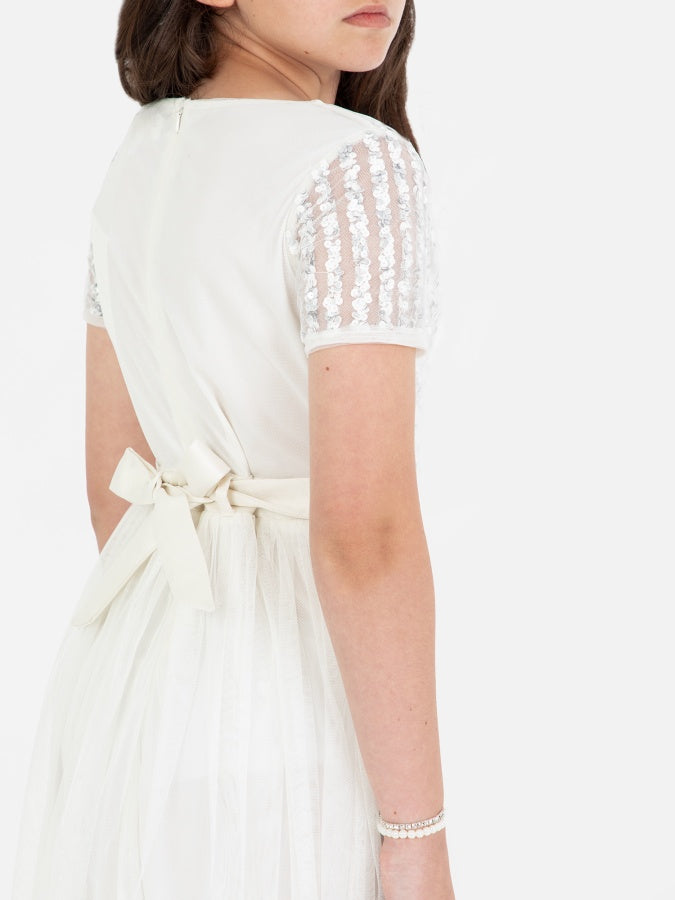 Mini Maya Ivory Stripe Embellished Midi Dress With Bow