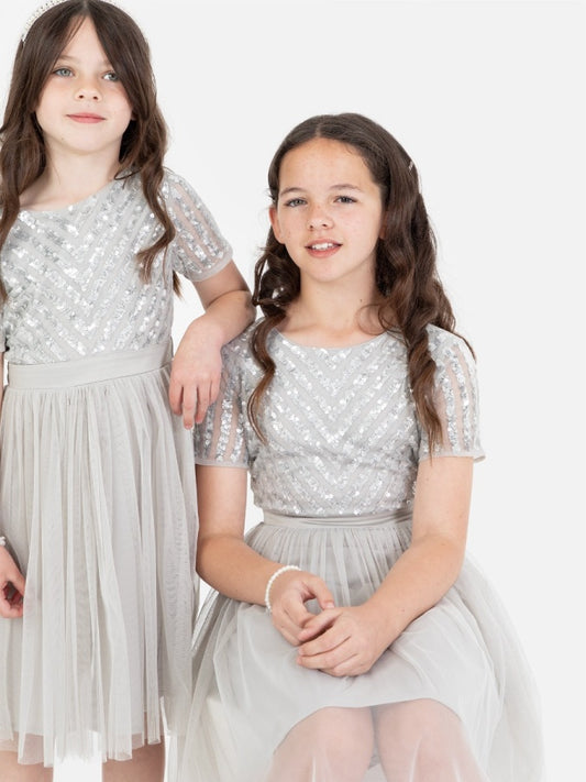 Mini Maya Soft Grey Stripe Embellished Midi Dress With Bow