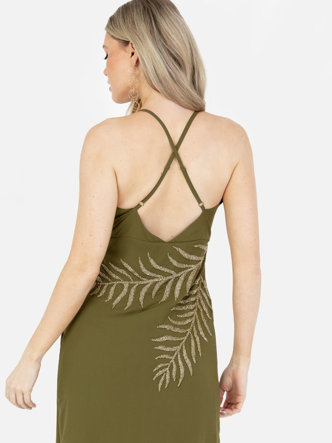 Maya Olive Palm Leaf Embellished Strappy Cross Back Maxi Dress