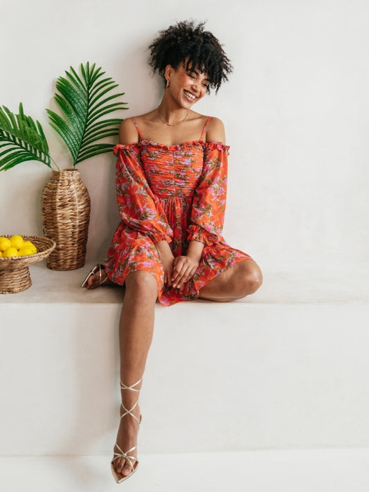 Anaya With Love Recycled Floral Print Bardot Long Sleeve Mini Dress