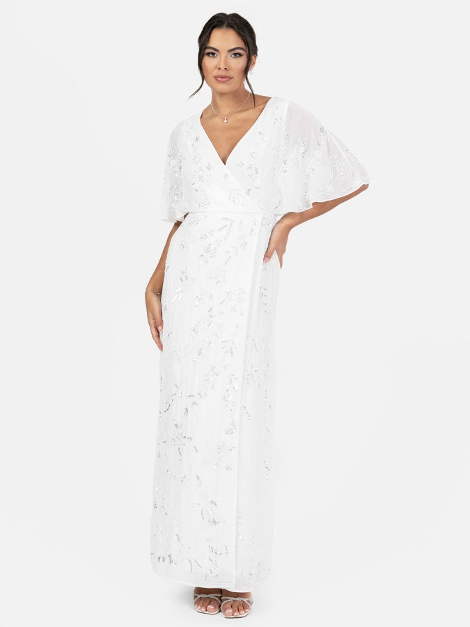Maya Bridal White Floral Motif Cape Sleeve Faux Wrap Maxi Dress – Maya  Deluxe