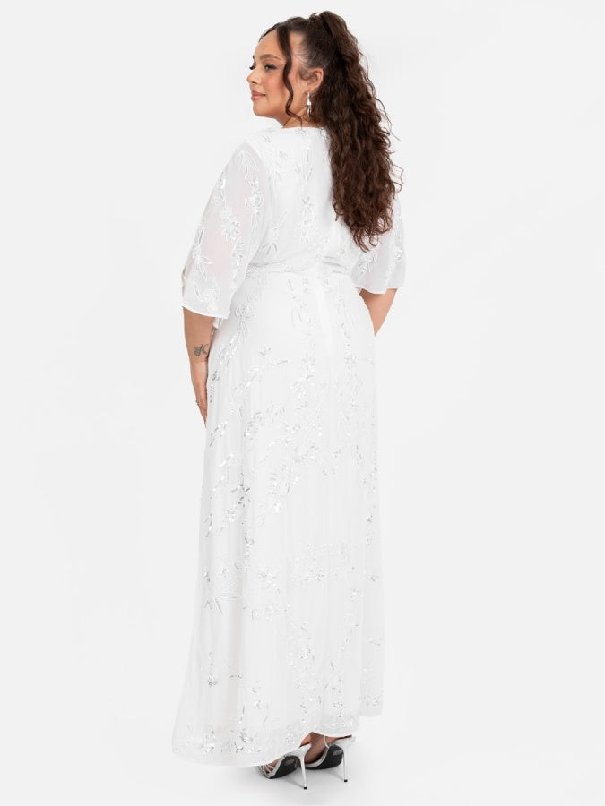Maya Bridal White Floral Motif Cape Sleeve Faux Wrap Maxi Dress