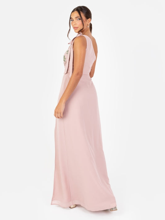 Maya Frosted Pink Floral Embellished Self-Tie One Shoulder Maxi Dress