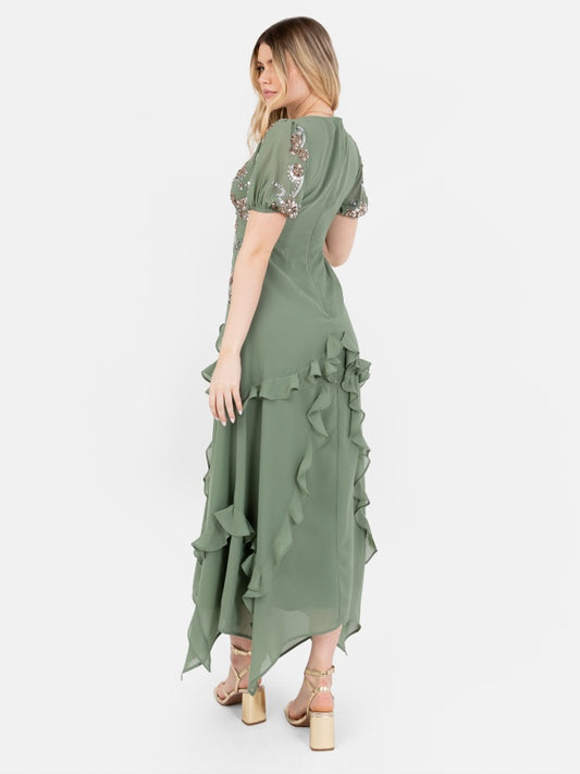 Maya Dark Sage Embellished Twist Bodice Asymmetric Hem Midi Dress