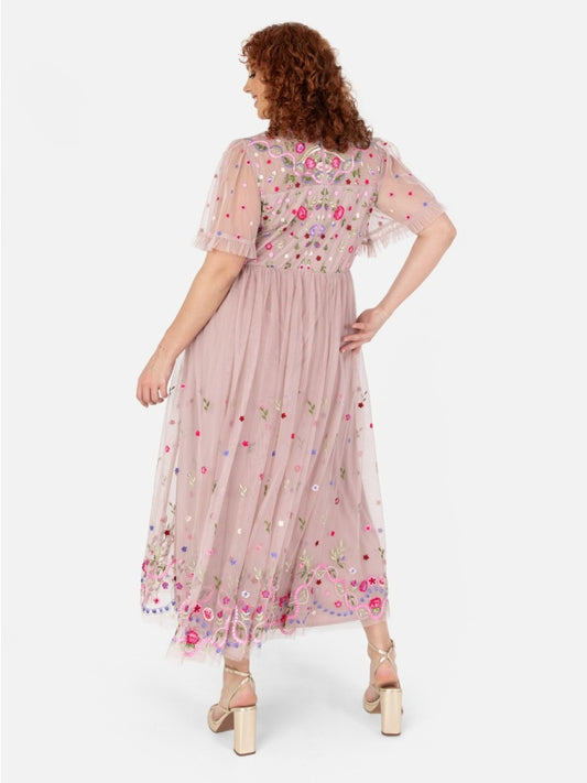 Maya Frosted Pink Embroidered Short Sleeve Midaxi Dress
