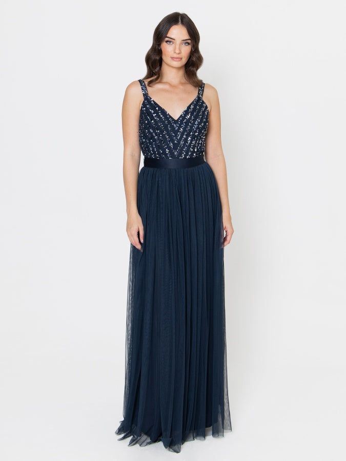 Maya Navy Sleeveless Stripe Embellished Maxi Dress – Maya Deluxe