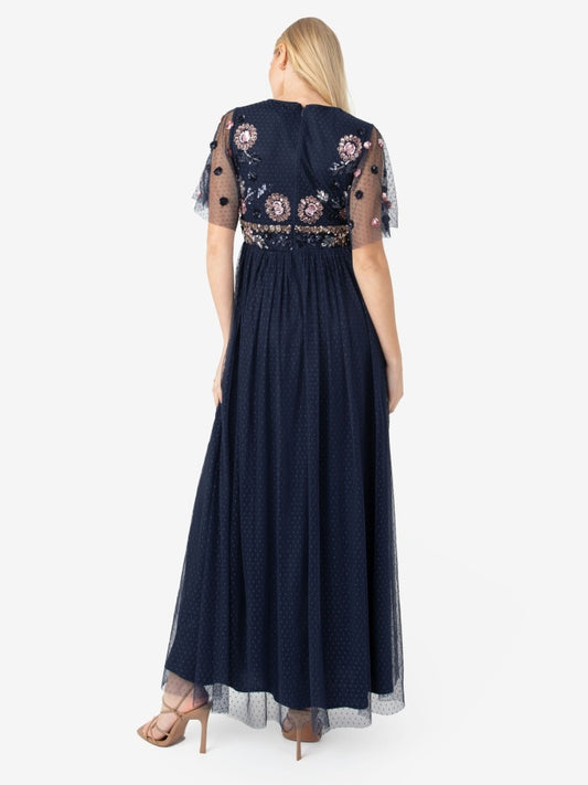 Maya Floral Embellished Navy Spot Mesh Maxi Dress