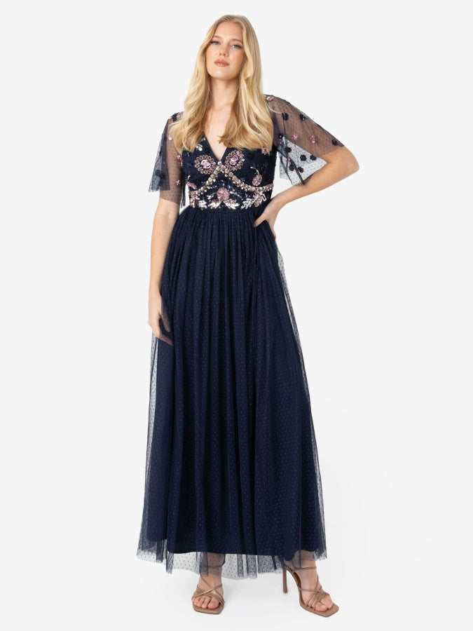 Maya Floral Embellished Navy Spot Mesh Maxi Dress