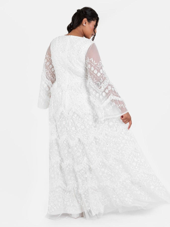 Maya Ivory Fully Embellished V Neck Long Sleeve Bridal Maxi Dress