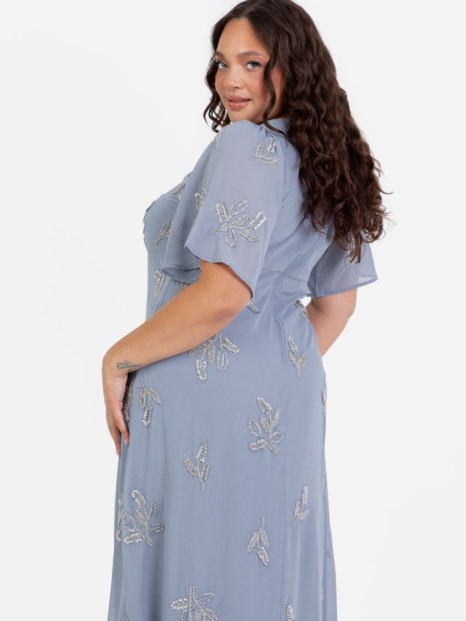 Maya Dusty Blue Embellished Knot Front & Angel Sleeve Maxi Dress