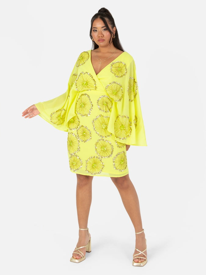 Maya Yellow Floral Motif Cape Sleeve Mini Dress – Maya Deluxe