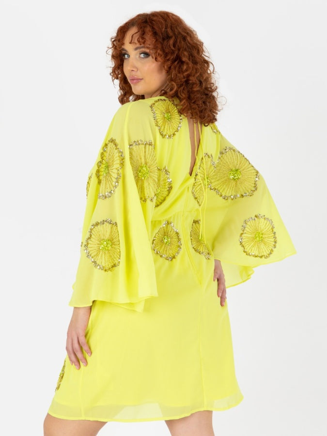 Maya Yellow Floral Motif Cape Sleeve Mini Dress
