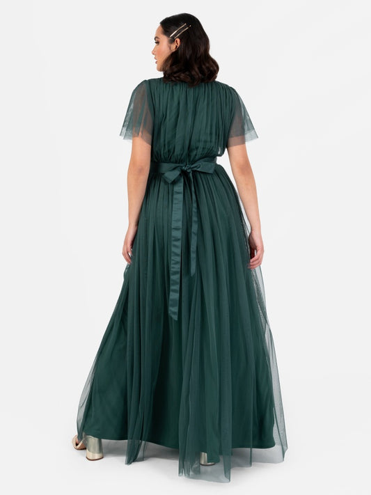 Anaya With Love Recycled Emerald Green Tulle Faux Wrap Short Sleeve Maxi Dress