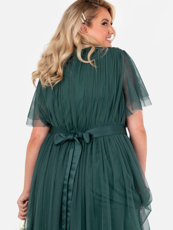 Anaya With Love Recycled Emerald Green Tulle Faux Wrap Short Sleeve Maxi Dress
