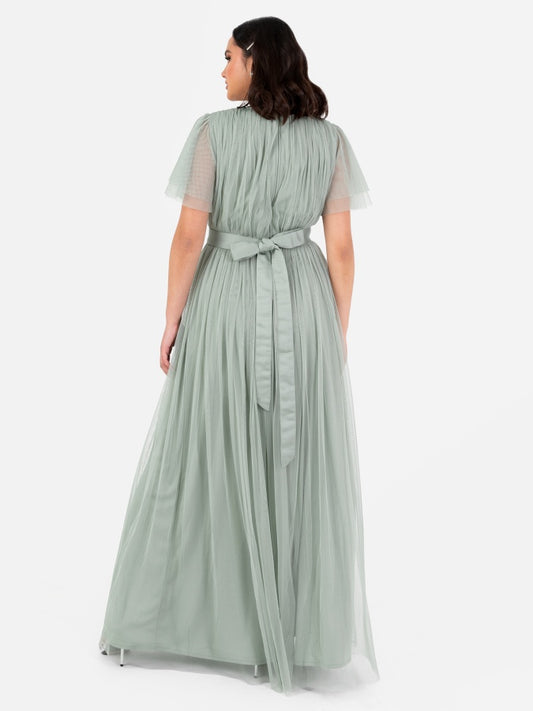 Anaya With Love Recycled Frosty Green Tulle Faux Wrap Short Sleeve Maxi Dress